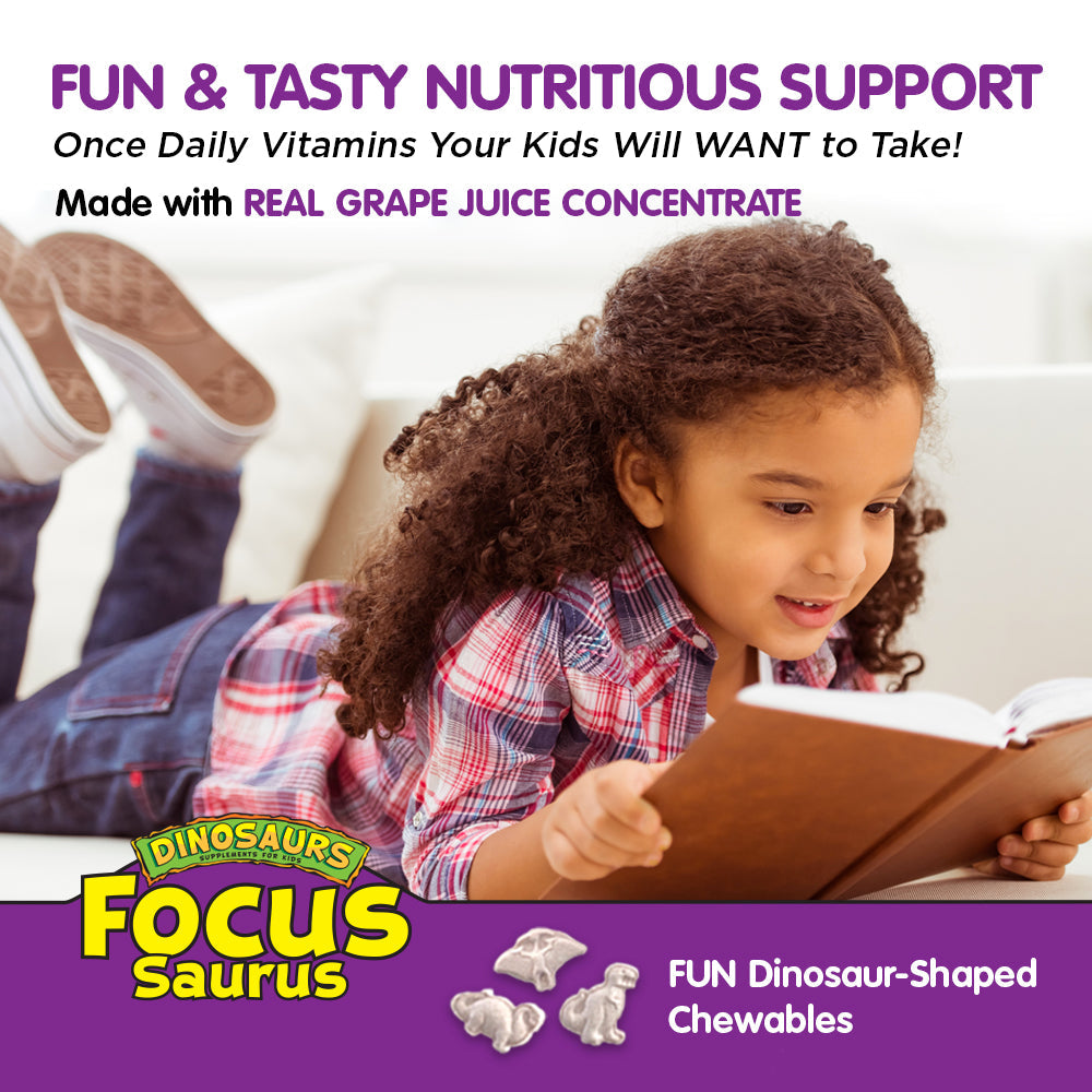 KAL Focus-Saurus | Focus Support for Kids | Amino Acid, Antioxidant & GABA Focus Blend for Children | No Sugar, Grape Flavor Chewables | 30 ct