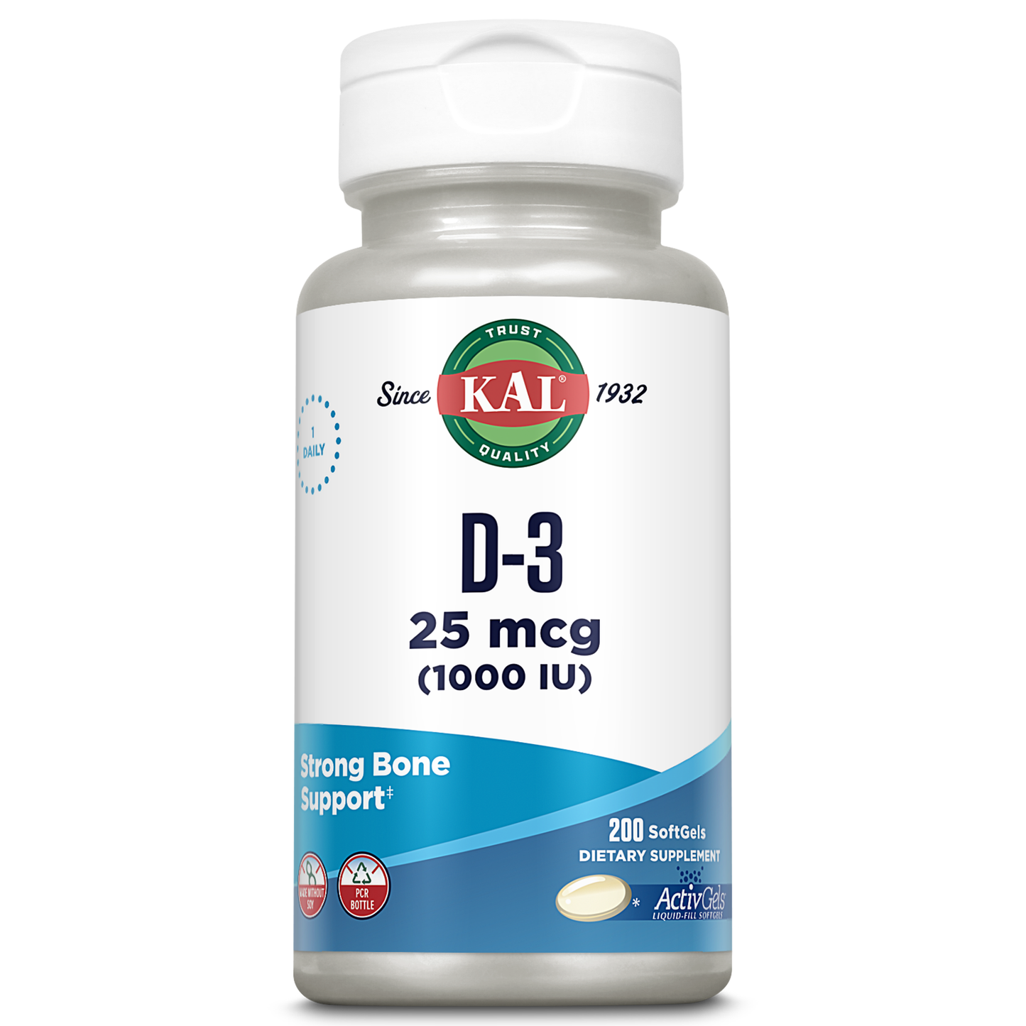 KAL Vitamin D3 1000 IU Softgels (25 mcg), Active Form of Vitamin D, Calcium Absorption, Bone Health, Immune Support Supplement, Liquid Filled ActivGel, Made Without Soy, 200 Servings, 200 Softgels