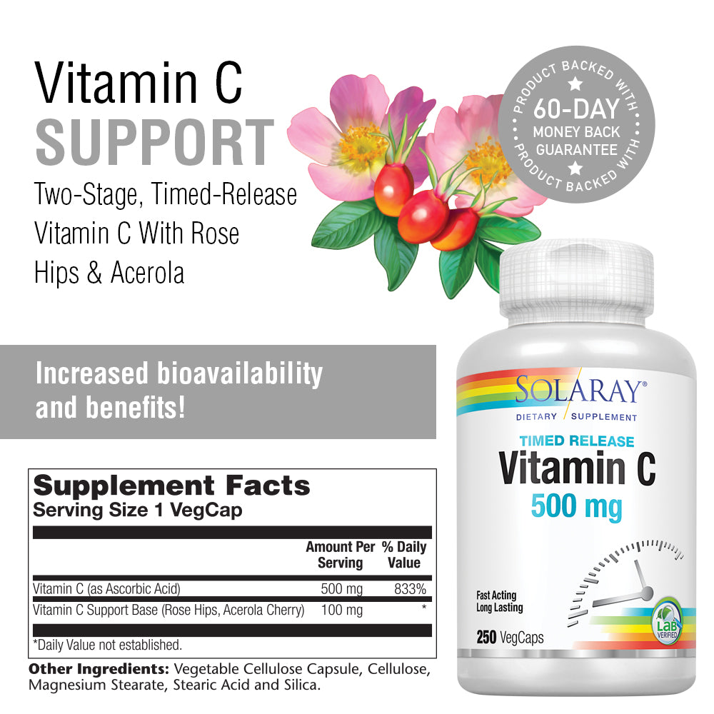 Solaray Vitamin C w/ Rose Hips & Acerola | 500mg | Two-Stage, Timed-Release Healthy Immune Function, Skin, Hair & Nails Support | Non-GMO | 250 CT