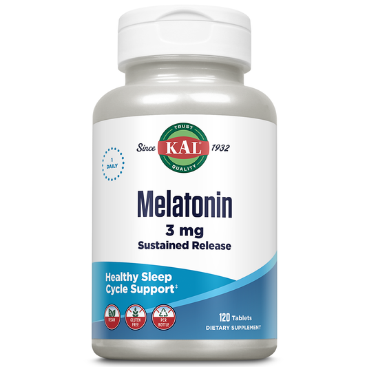 KAL Melatonin 3mg Sustained Release Sleep Aid, Melatonin Supplement Supports Healthy Relaxation, a Calm Feeling and a Proper Sleep Cycle, w/ Added Vitamin B6, Vegan, Gluten Free