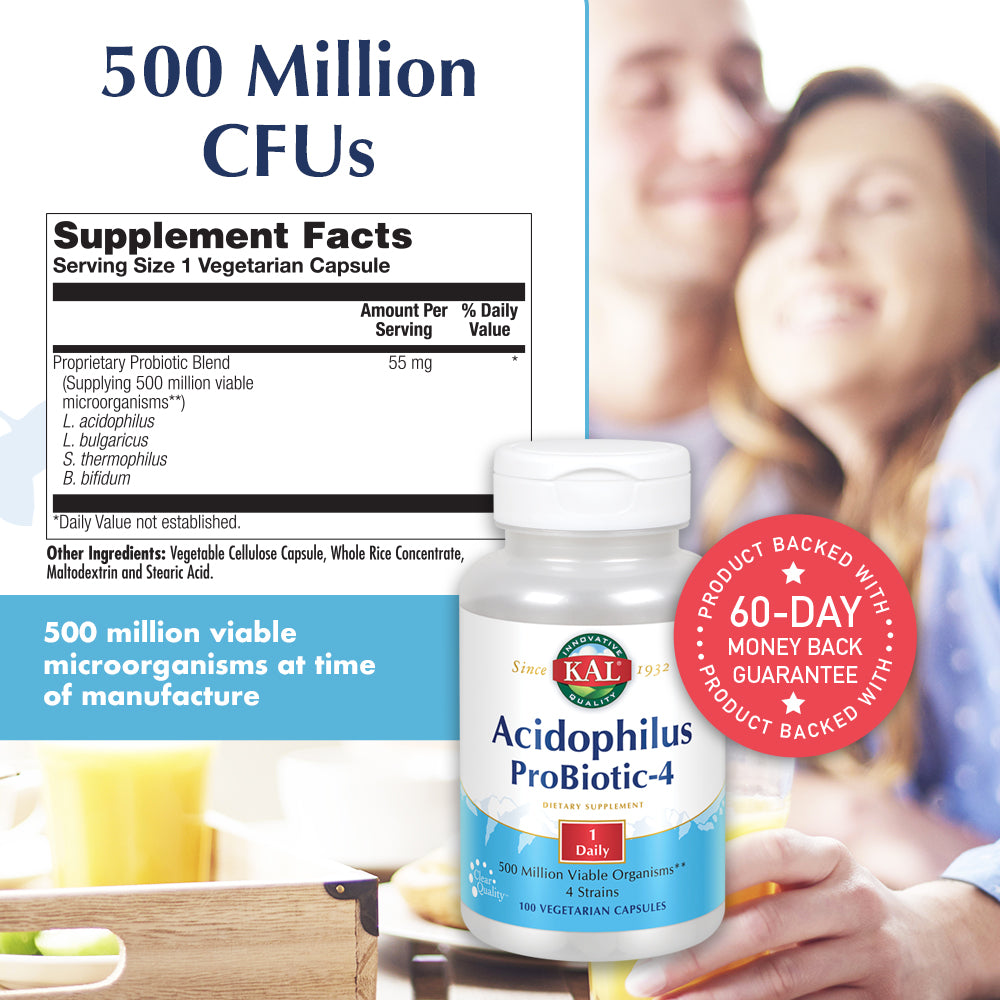 KAL Acidophilus ProBiotic - 4 | For Intestinal Flora Nutritive Support | 500 Million CFUs, 4 Strains | For Men & Women | Vegetarian Capsules | 100ct