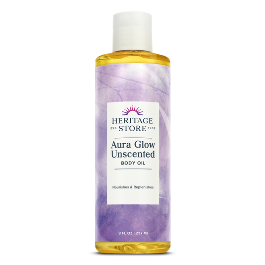 HERITAGE STORE Aura Glow Unscented Body Oil, Luxurious Skin Moisturizer, Massage Oil, Bath Oil, Carrier Oil for Essential Oils and Aromatherapy, Fragrance Free, All Skin Types, 60-Day Guarantee, 8oz