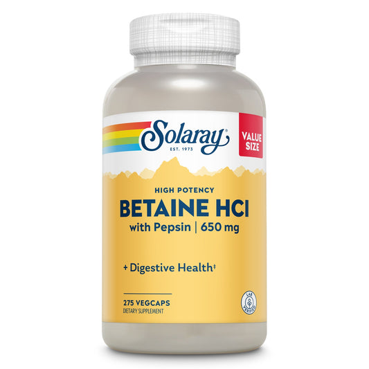 Solaray High Potency Betaine HCL with Pepsin 650 mg, Hydrochloric Acid Formula for Healthy Digestion Support, Lab Verified, 250 VegCaps (275 Servings, 275 Veg Caps)