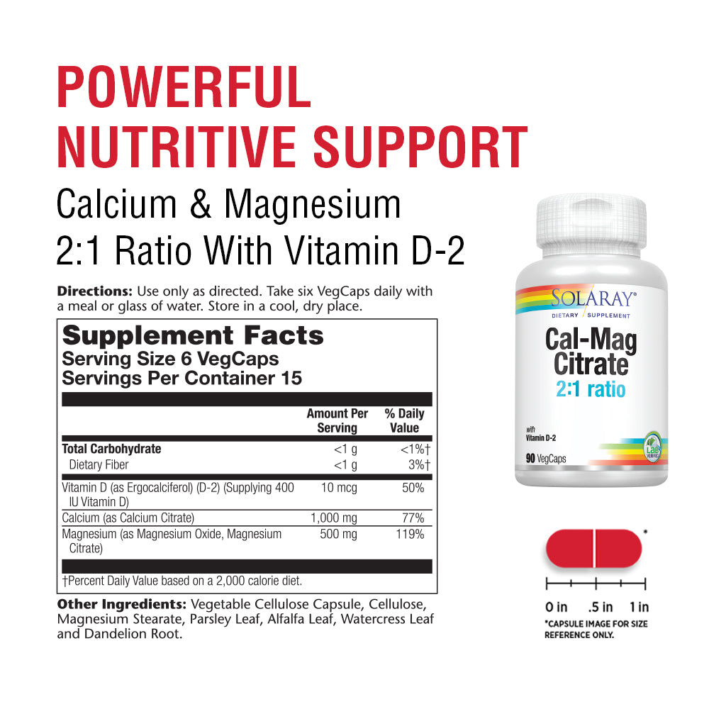 Solaray Cal-Mag Citrate with Vitamin D 2:1 Capsules, 90 Count