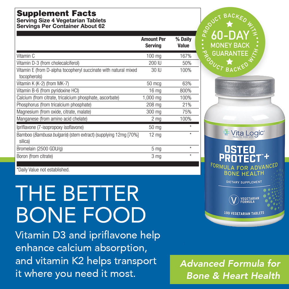 Vita Logic Osteo Protect Plus | Triple Source Calcium With Vitamins K2 & D3, Plus Ipriflavone For Bone & Heart Health Support | 100 Vegetarian Tablets