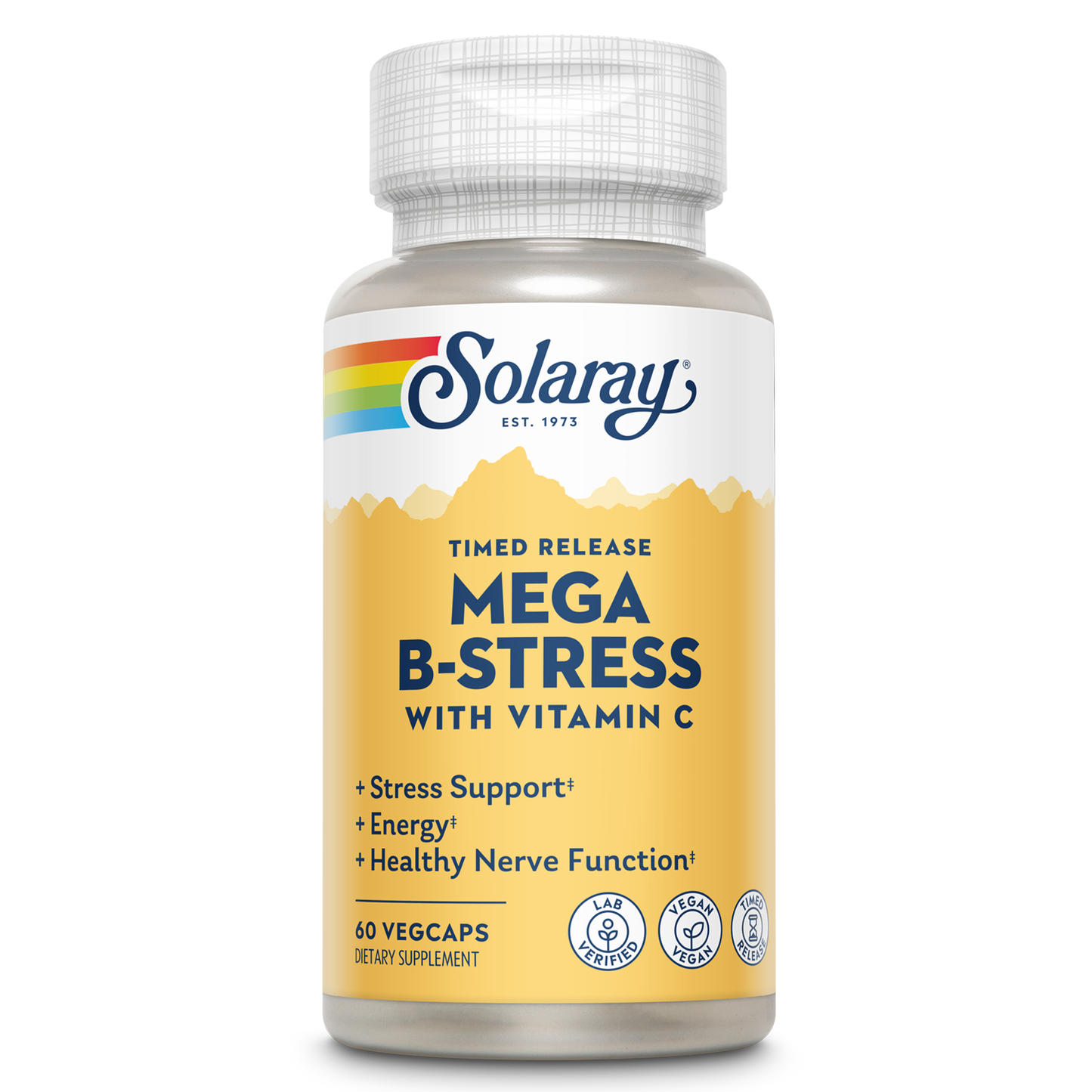Solaray Mega Vitamin B-Stress, Timed-Release Vitamin B Complex with 1000 mg of Vitamin C for Stress, Energy, Red Blood Cell & Immune Support, Vegan, 60-Day Guarantee, (60 Count (Pack of 1))