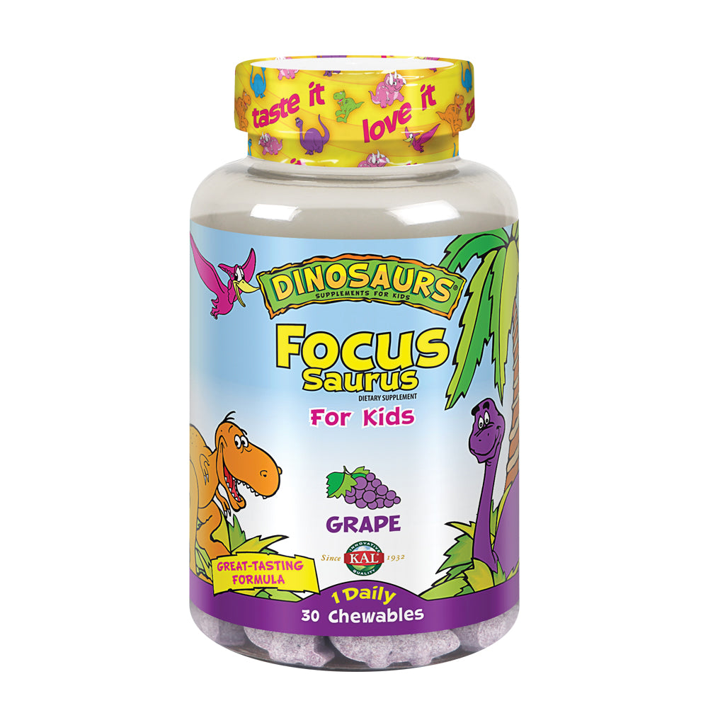KAL Focus-Saurus | Focus Support for Kids | Amino Acid, Antioxidant & GABA Focus Blend for Children | No Sugar, Grape Flavor Chewables | 30 ct