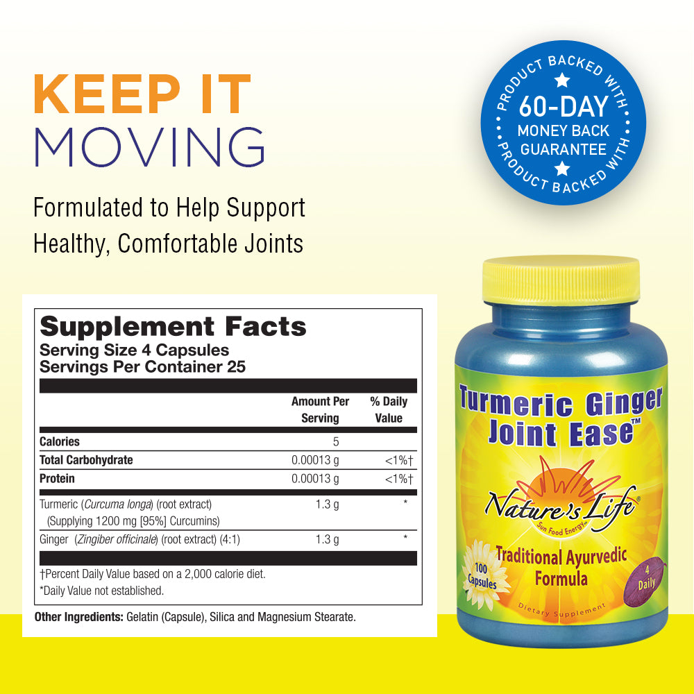 Nature's Life Turmeric Ginger Joint Ease | Non-GMO | 100 Gelatin Capsules