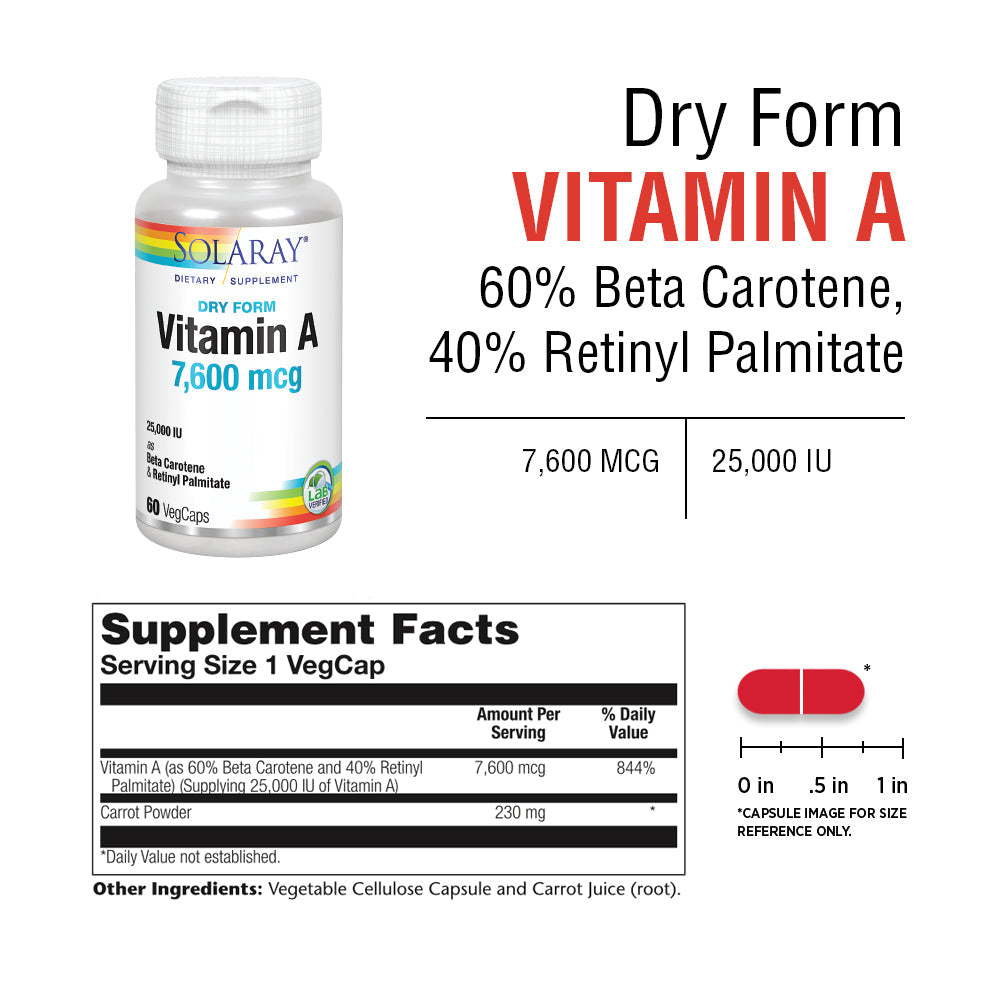 Solaray Dry Form Vitamin A - Vitamin A as 60% Beta Carotene and 40% Retinyl Palmitate with Carrot Powder - Eyes, Antioxidant Activity, and Immune System Support - 60 Servings, 60 VegCaps