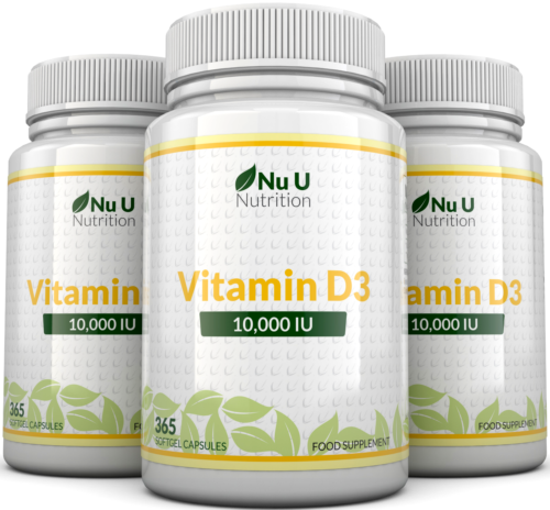 Vitamin D3 10000 IU 3 X Bottles 365 Tablets 1 Full Year Supply Nu U Nutrition