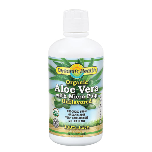 Dynamic Health Organic Aloe Vera Juice w/ Micro Pulp, Unflavored | No Added Sugar, Artificial Color or Sweeteners, No Gluten or BPA | 32oz, 8 Serv