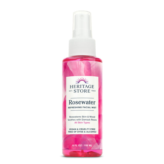 Heritage Store Rosewater, Refreshing Facial Mist for Glowing Skin, With Damask Rose Oil, All Skin Types, Rose Water Spray for Face Made Without Dyes or Alcohol, Vegan & Cruelty Free, 4oz