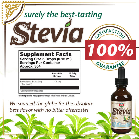 KAL Sure Stevia Drops, Low Carb, Zero Calorie Sweetener, Keto Friendly, Great Tasting Liquid Stevia, Low Glycemic, 60-Day Money Back Guarantee (Vanilla)