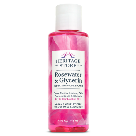 Heritage Store Rosewater & Glycerin Hydrating Facial Splash for Dry Combination Skin Care, Rose Water with Vegetable Glycerine for Dewy, Radiant Skin, Made Without Dyes or Alcohol, Vegan, 4oz