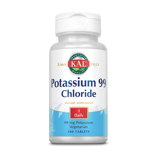 KAL Potassium Chloride 99mg | Nutritive Electrolyte Support for Bones, Heart, Muscles, Nerves | Fast Acting | 100ct