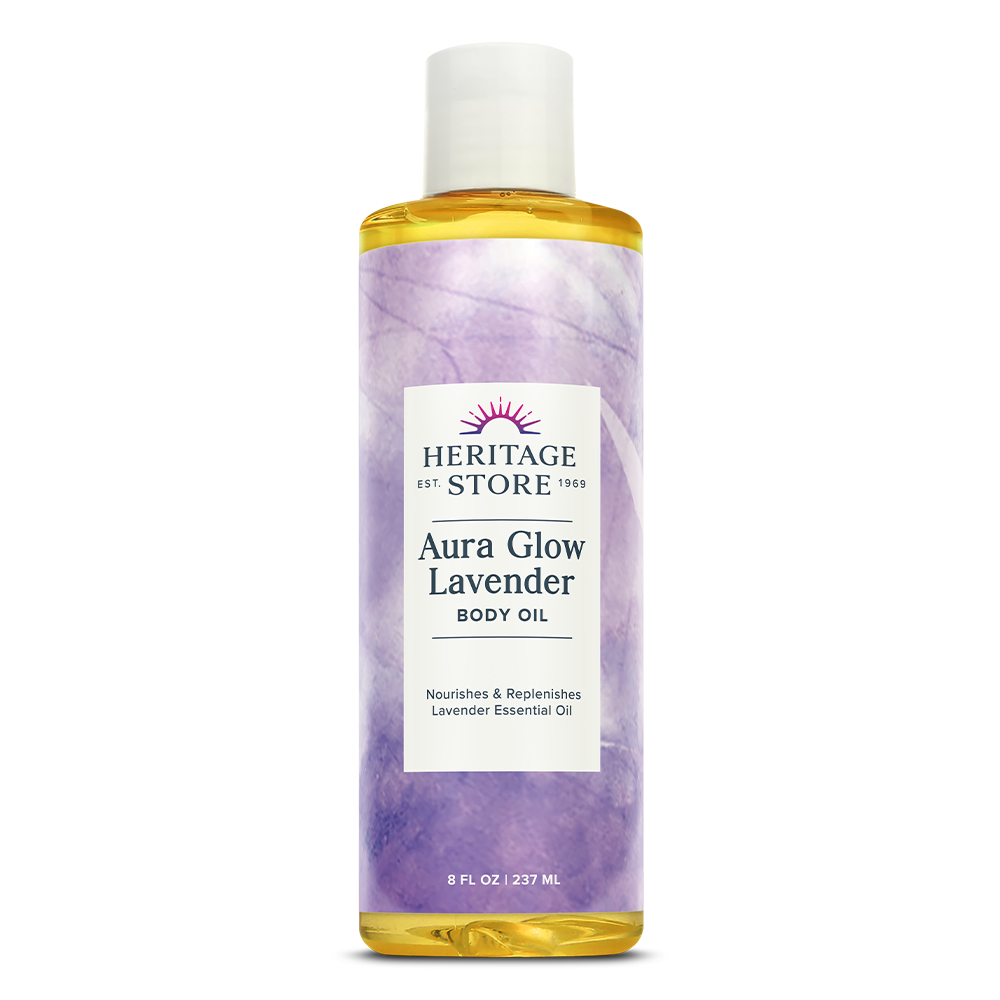 HERITAGE STORE Aura Glow Lavender Body Oil, Luxurious Skin Moisturizer, Relaxing Massage Oil and Bath Oil, Carrier Oil for Essential Oils and Aromatherapy, All Skin Types, 60-Day Guarantee, 8oz