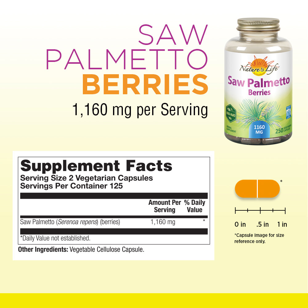Nature's Life Saw Palmetto Berries 1160 mg | Healthy Prostate, Urination Frequency & Hair Health Support | Non-GMO | 250 Vegetarian Capsules