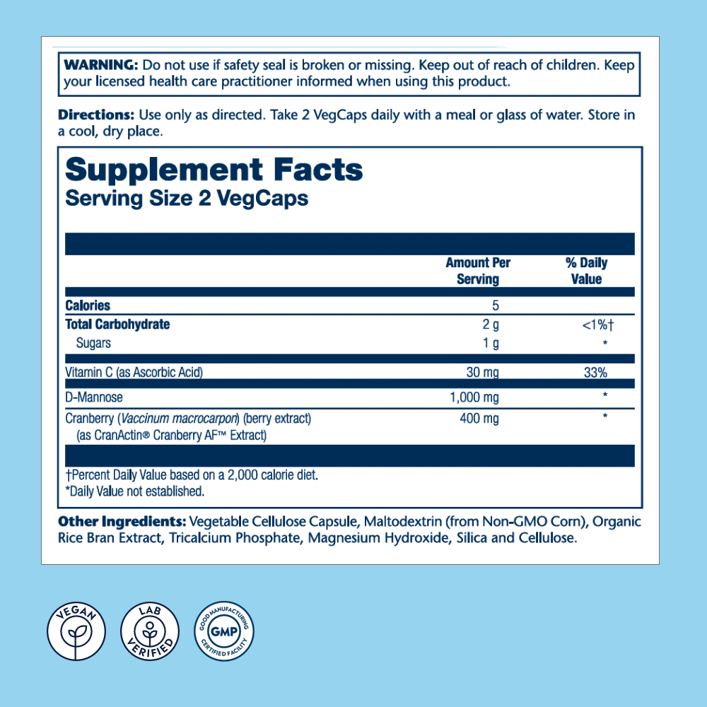 Solaray D-Mannose w/ CranActin Cranberry Extract 1000mg w/ Vit C , Healthy Urinary Tract Support (120 CT)