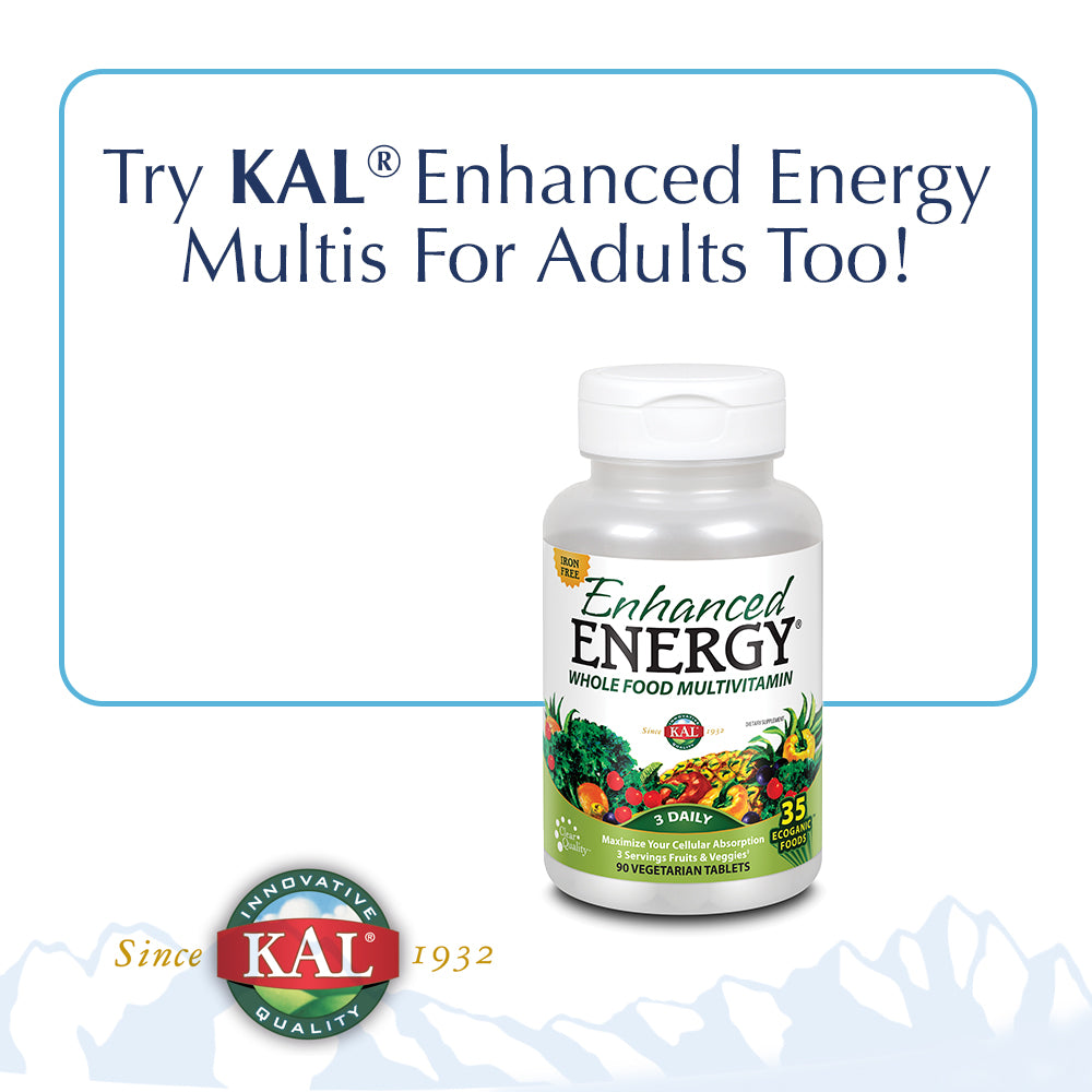 KAL Enhanced Energy Multivitamin for Teens | Memory & Concentration Blend | Equates to 3 Servings of Fruits & Veggies | 32 Ecoganic Foods | 60 Tablets