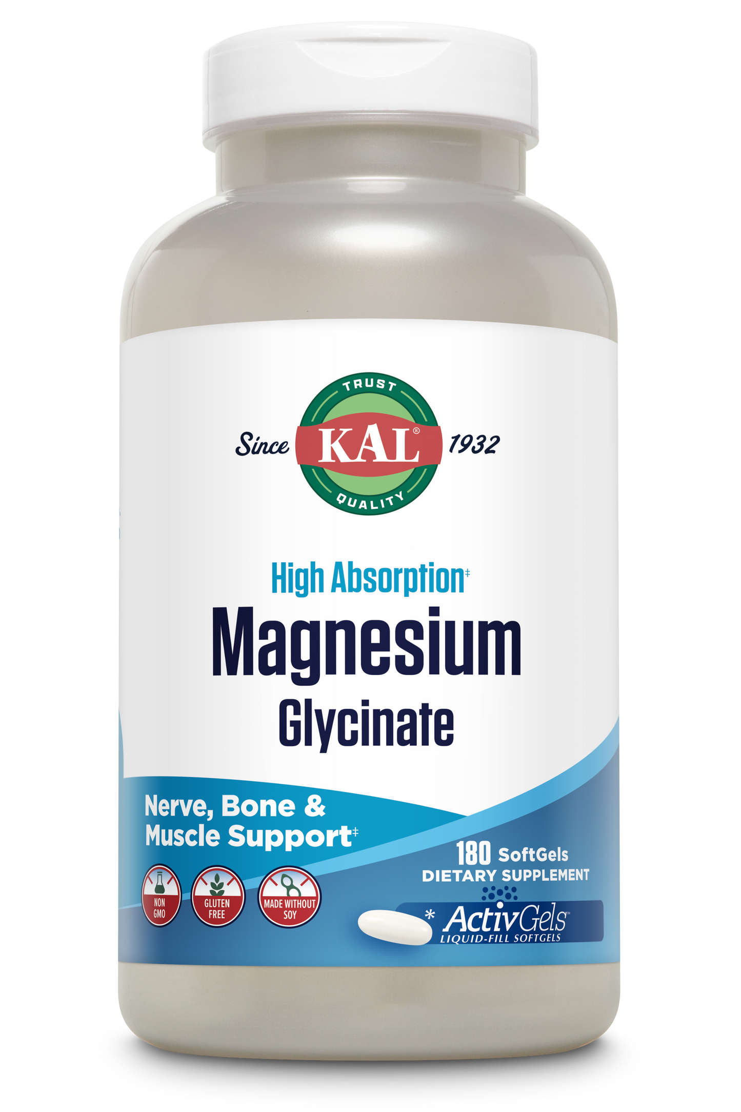 KAL Magnesium Glycinate ActivGels 315mg, High Absorption Magnesium Supplement for Muscle, Nerve & Bone Health Support, Non-GMO, Gluten Free, 60 Servings, 180 Softgels