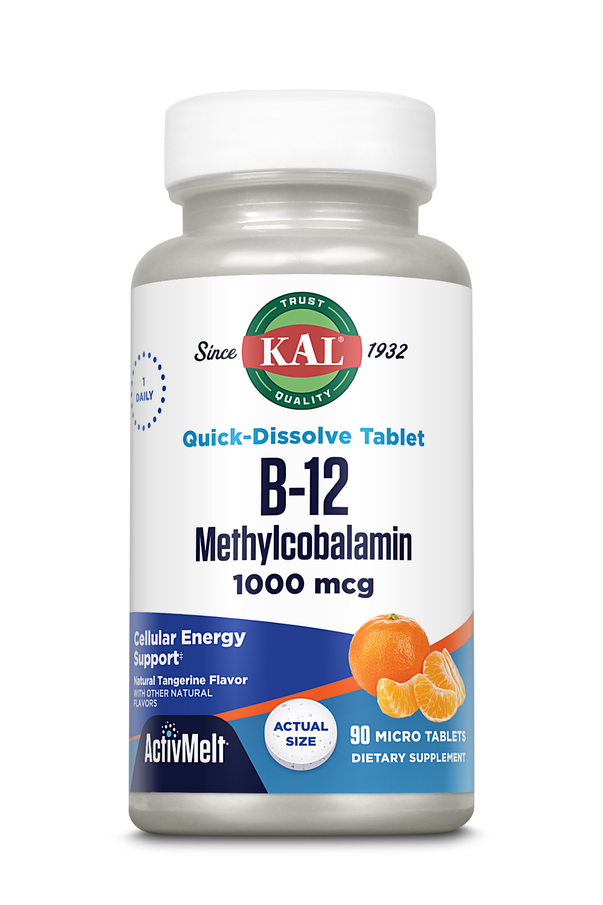 KAL Vitamin B12 Methylcobalamin 1000mcg, Healthy Energy, Metabolism, Nerve & Red Blood Cell Support,* Fast Dissolve ActivMelt, Optimal Absorption, Natural Tangerine Flavor, 90 Servings, 90 Micro Tabs