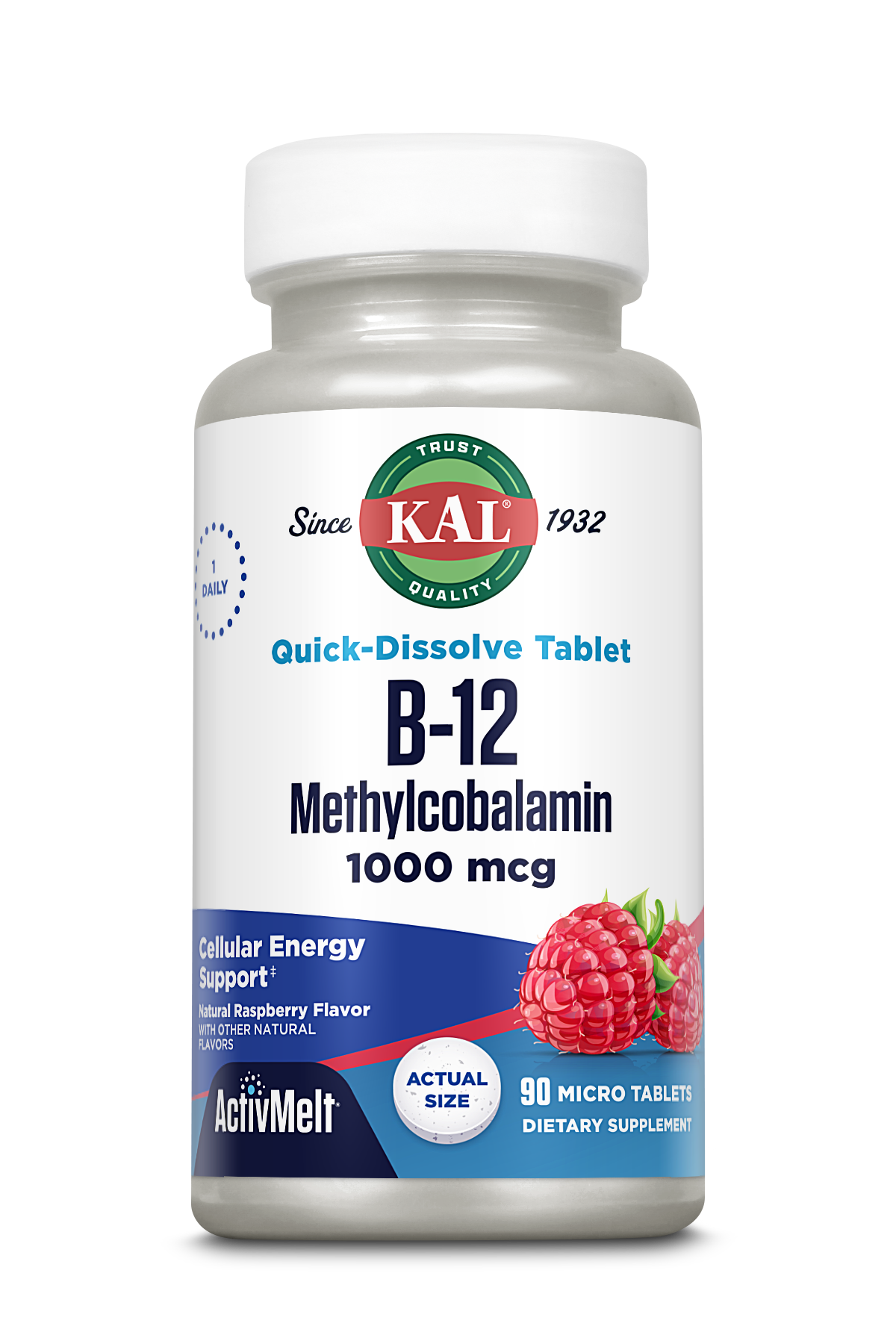 KAL B-12 Methylcobalamin ActivMelt 1000 mcg Natural Raspberry Flavor Healthy Metabolism, Energy, Nerve & Red Blood Cell Support 90 Micro Tablets