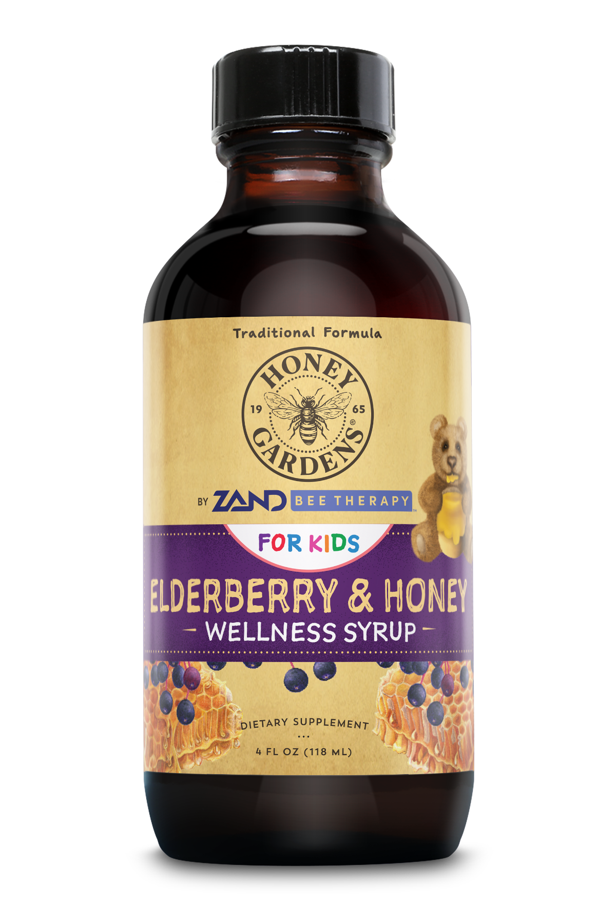 Honey Gardens Elderberry Syrup for Kids with Honey, Kids Elderberry Syrup, 6.4 mg of Elderberry Honey Syrup with Organic Raw Honey, Organic Echinacea Purpurea and Elderflower, 24 Servings, 4 FL. OZ.