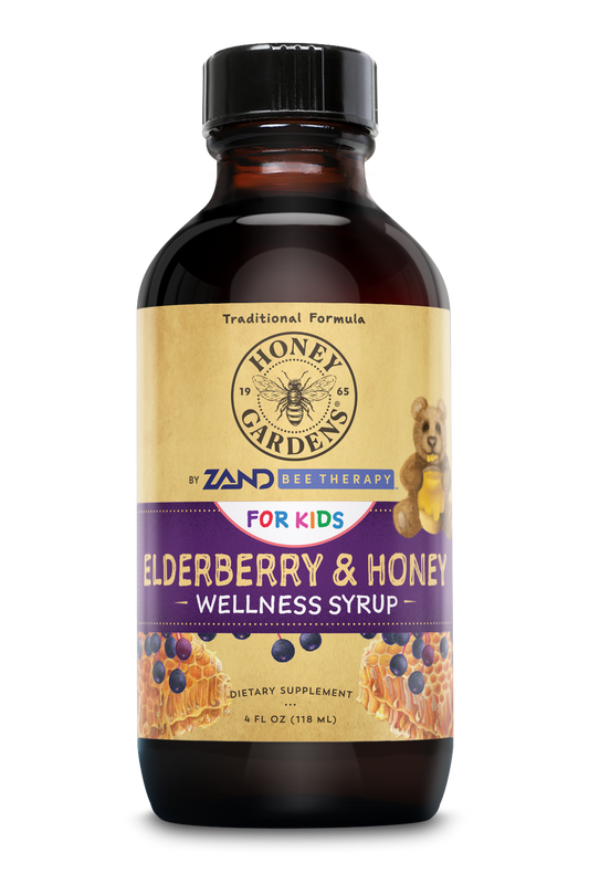 Honey Gardens Elderberry Syrup for Kids with Honey, Kids Elderberry Syrup, 6.4 mg of Elderberry Honey Syrup with Organic Raw Honey, Organic Echinacea Purpurea and Elderflower, 24 Servings, 4 FL. OZ.