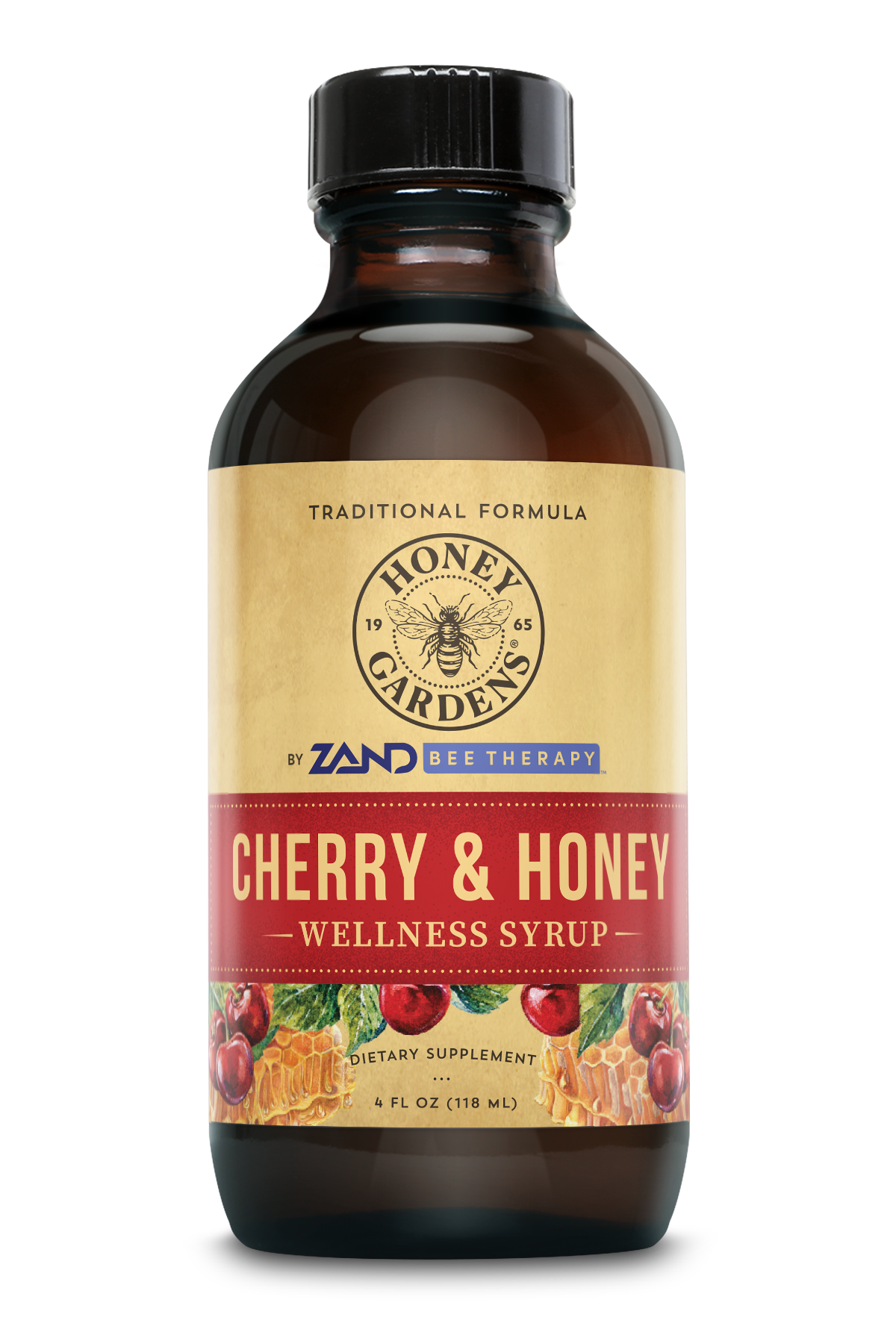 Honey Gardens Cherry & Honey Soothing Throat Syrup, Apitherapy Formula with Organic Raw Honey, Organic Apple Cider Vinegar, Black Cherry, and Herbal Extracts, 24 Servings, 4 FL. OZ.