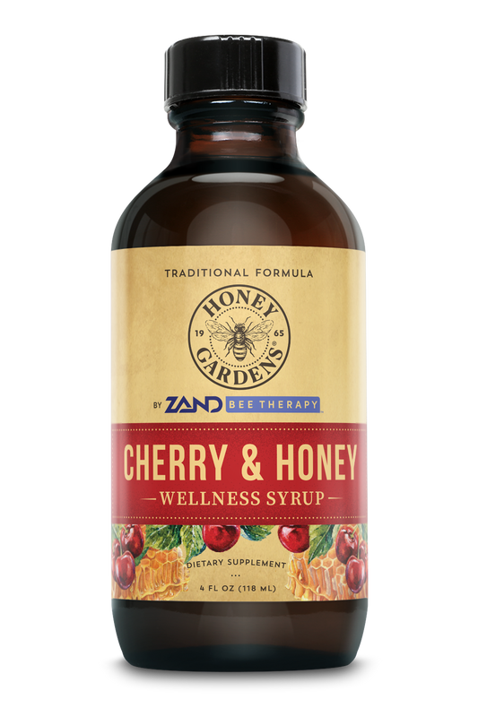 Honey Gardens Cherry & Honey Soothing Throat Syrup, Apitherapy Formula with Organic Raw Honey, Organic Apple Cider Vinegar, Black Cherry, and Herbal Extracts, 24 Servings, 4 FL. OZ.