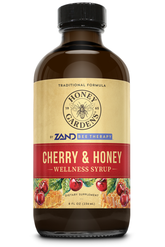 Honey Gardens Cherry & Honey Soothing Throat Syrup, Apitherapy Formula with Organic Raw Honey, Organic Apple Cider Vinegar, Black Cherry, and Herbal Extracts, 48 Servings, 8 FL. OZ.