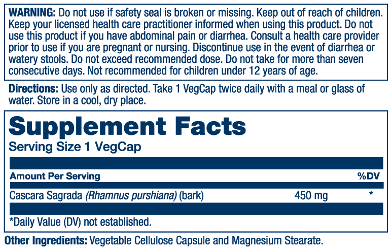 Solaray Cascara Sagrada Bark, Veg Cap (Btl-Plastic) 450mg 100ct