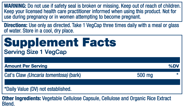 Solaray Cat's Claw Bark 500mg | Healthy Immune & Digestive System Function Support | May Help Protect Brain Function | Joint Health Support | 100ct