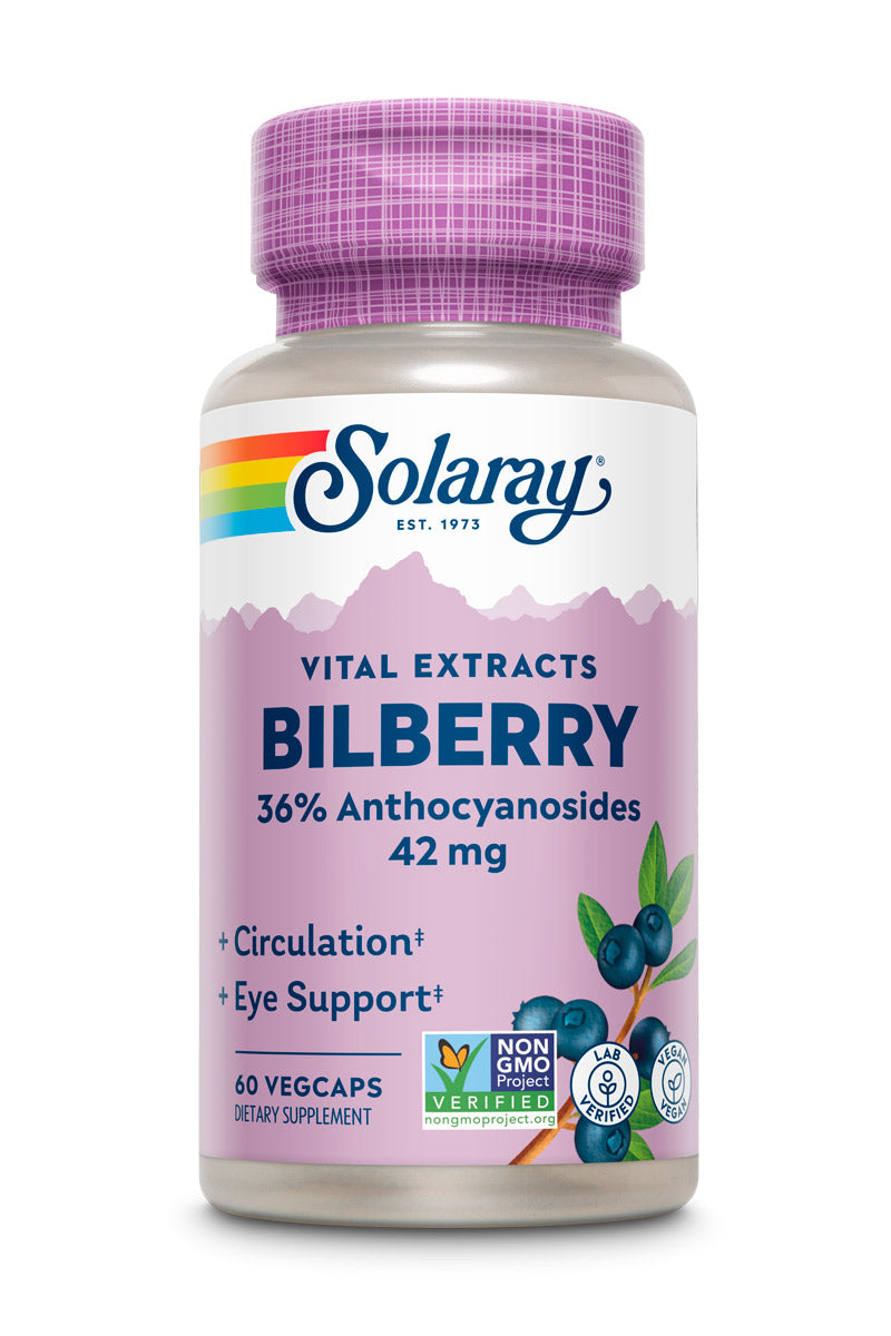 Solaray Bilberry Berry Extract 42 mg, Eye Health & Circulation Support, With 36% Anthocyanosides, Vegan, 60 VegCaps