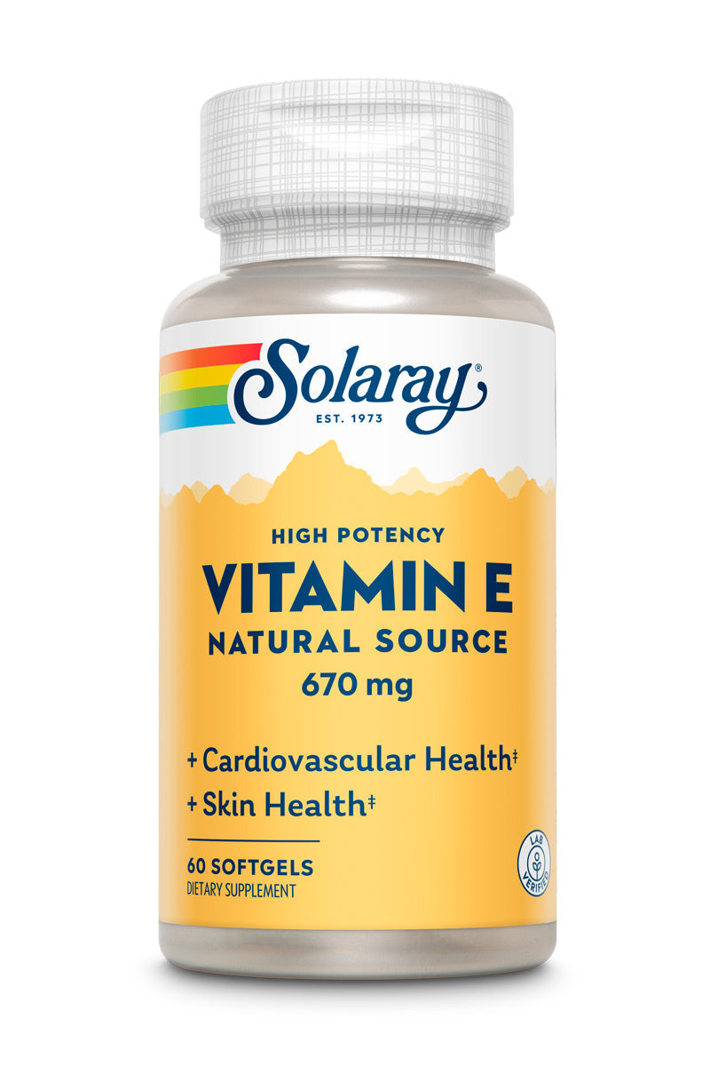 Solaray Vitamin E, d-Alpha Tocopherol 1000IU For Healthy Cardiac Function, Antioxidant Activity & Skin Health Support Lab Verified 60 Softgels