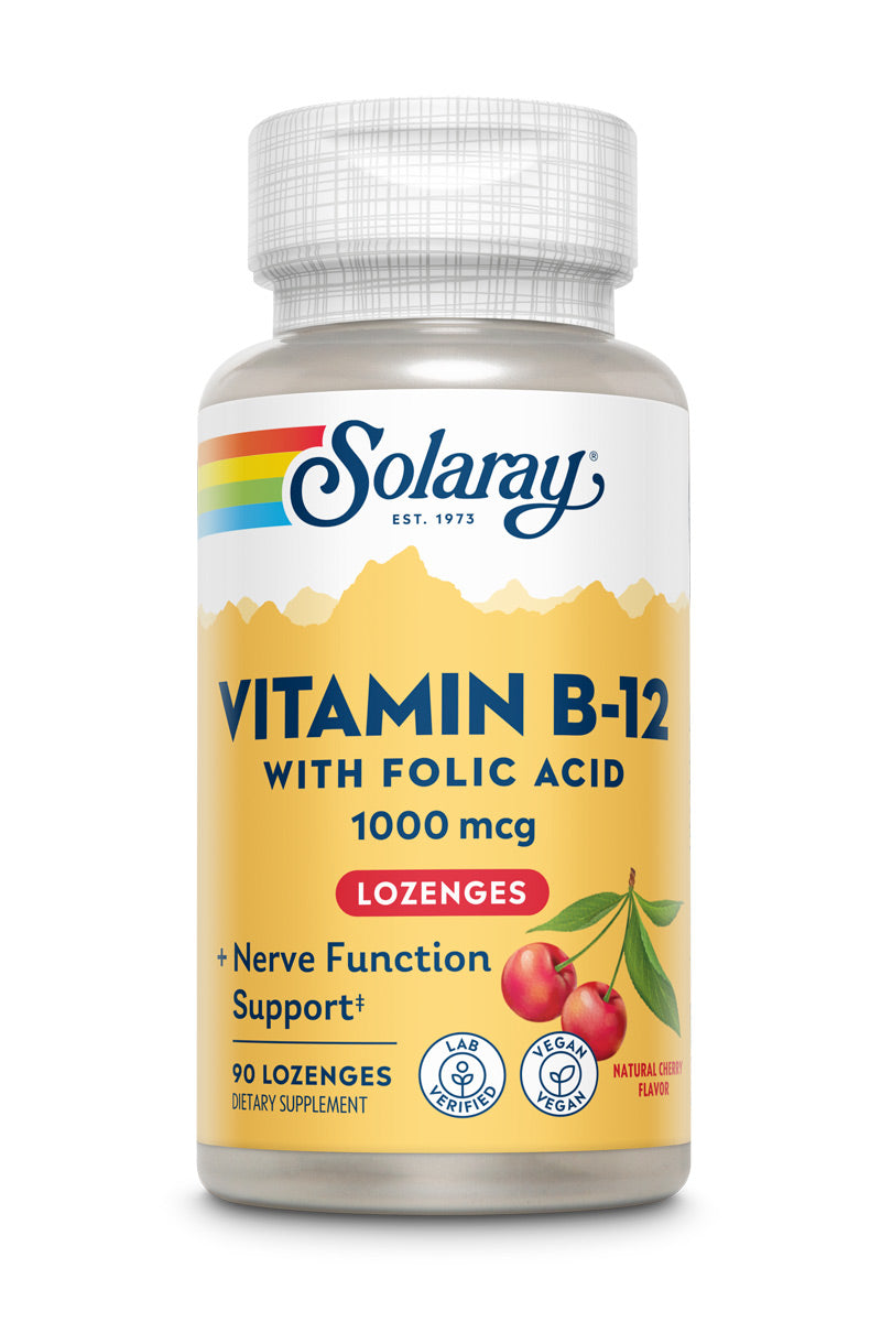 Solaray Vitamin B-12 1000mcg Lozenges with Folic Acid | Natural Cherry Flavor | Healthy Energy Support | 90CT