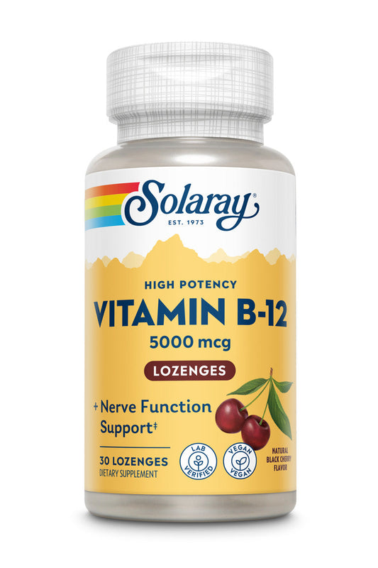 Solaray Vitamin B-12 5000mcg Lozenges | Natural Cherry Flavor | Healthy Energy & Nerve Function Support | 30ct