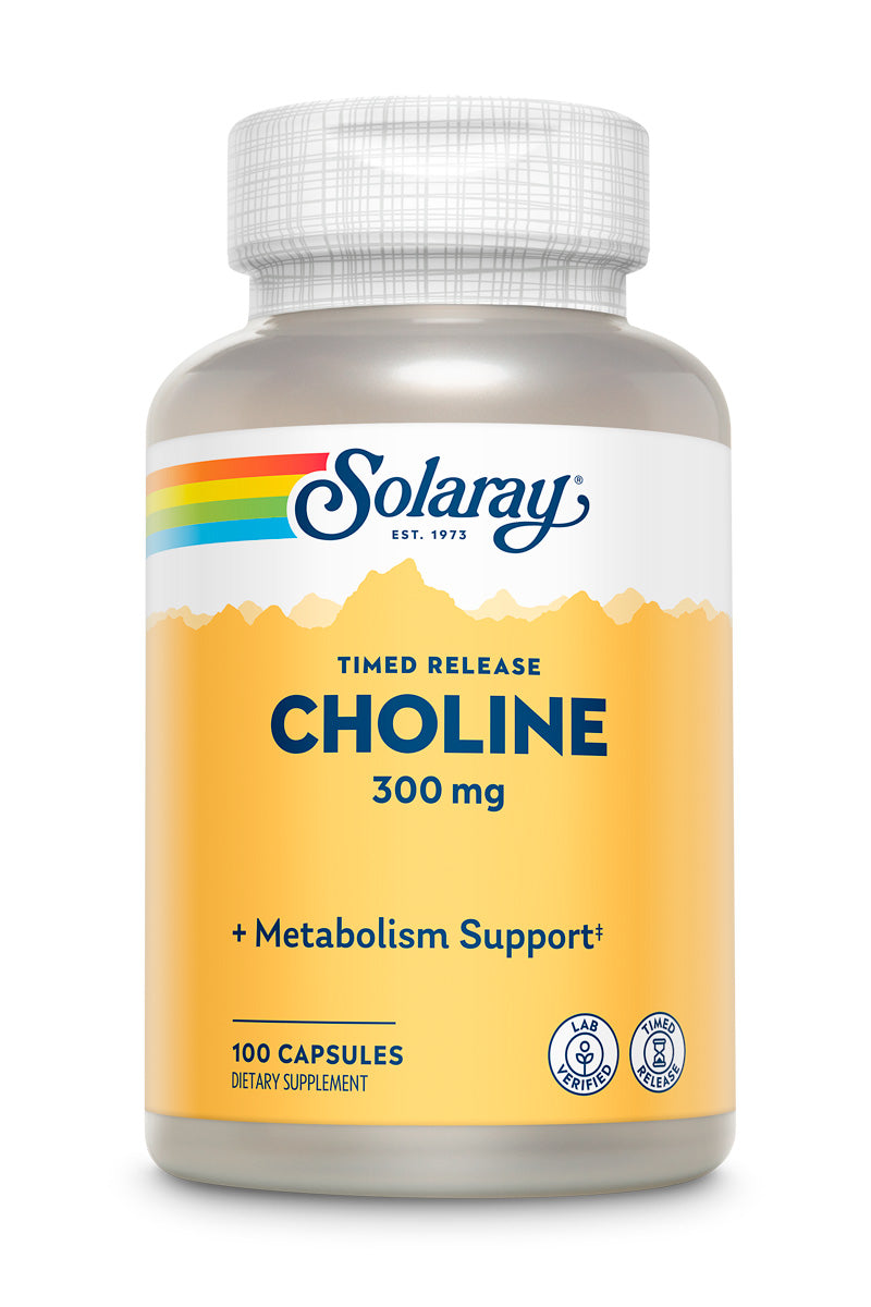 Solaray Choline, Two-Stage Timed-Release 300mg | B Vitamin for Healthy Brain Function & Cardiovascular Support | Non-GMO | 100 Capsules