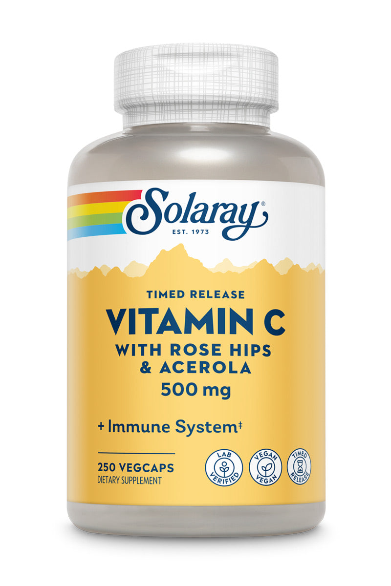 Solaray Vitamin C w/ Rose Hips & Acerola | 500mg | Two-Stage, Timed-Release Healthy Immune Function, Skin, Hair & Nails Support | Non-GMO | 250 CT