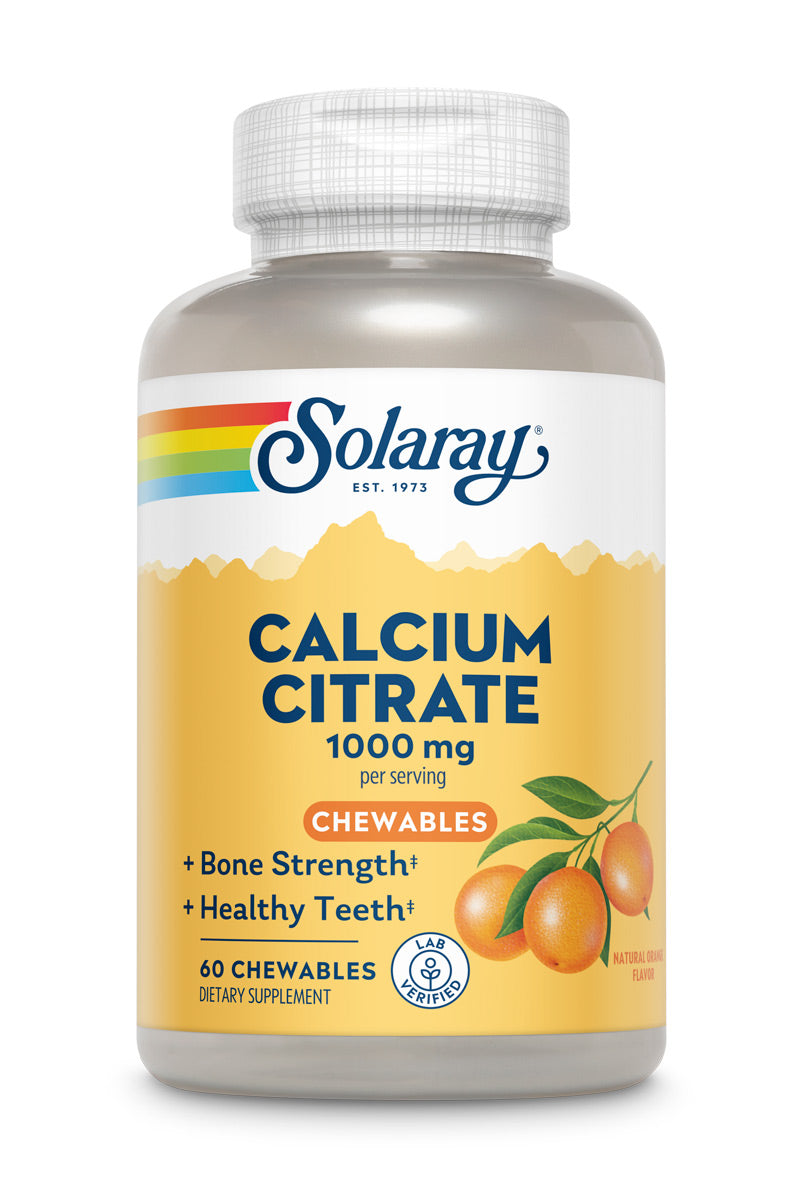 Solaray Calcium Citrate 1000 mg, Natural Orange Flavor Chelated Calcium Supplement for Bone Strength, Teeth, Nerve, Muscle, and Heart Function Support, 60-Day Guarantee, 15 Servings, 60 Chewables