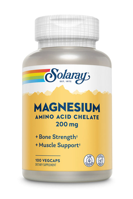 Solaray Magnesium Amino Acid Chelate 200 mg, Chelated Magnesium Supplement for Bone Health, Heart Health and Muscle Function Support, Vegan, 60-Day Money Back Guarantee, 100 Servings, 100 VegCaps