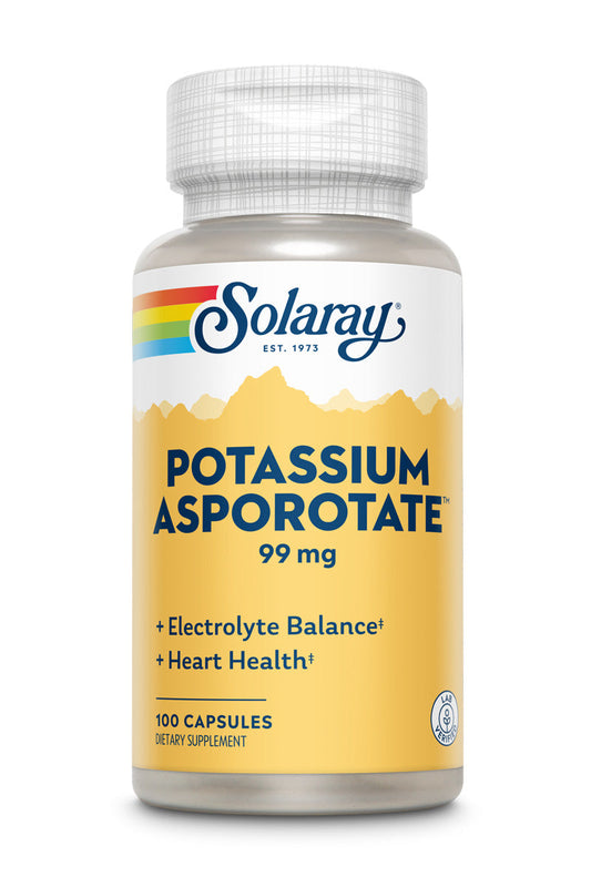 Solaray Potassium Asporotate Chelated Supplement, Electrolyte Balance & Heart Health Support, 100 Servings, 100 Capsules