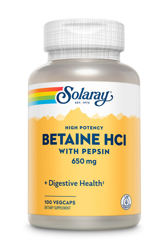 Solaray High Potency Betaine HCL with Pepsin 650 mg, Hydrochloric Acid Formula for Healthy Digestion Support, Lab Verified, 250 VegCaps (100 Servings, 100 Veg Caps)