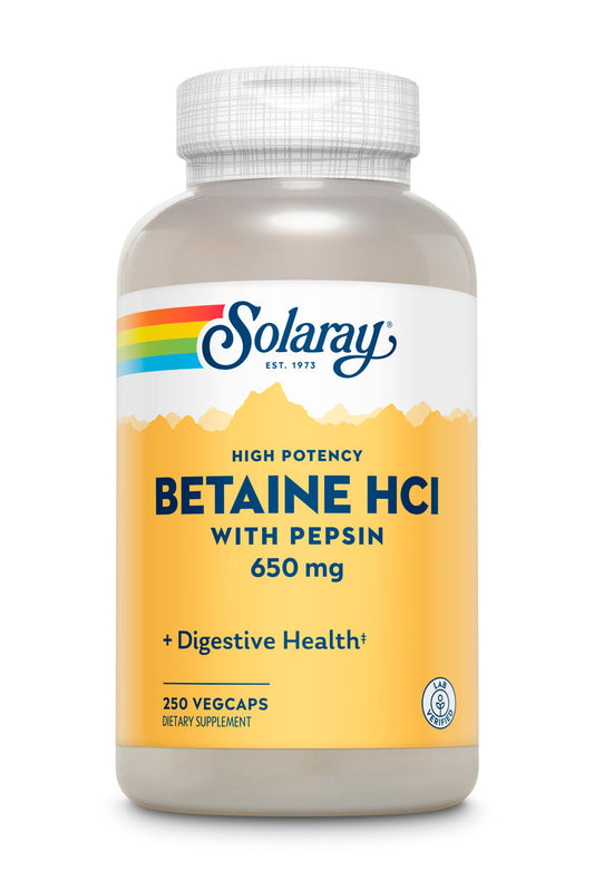 Solaray High Potency Betaine HCL with Pepsin 650 mg, Hydrochloric Acid Formula for Healthy Digestion Support, Lab Verified, 250 VegCaps (250 Servings, 250 Veg Caps)