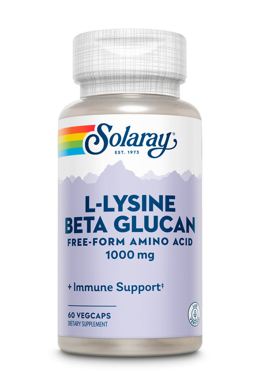 Solaray L-Lysine with Beta Glucan, Free Form Amino Acid, L-Lysine 1000mg Capsules, Immune Support Supplement, Healthy Skin and Lips Support, 60-Day Guarantee, Lab Verified, 30 Servings, 60 VegCaps