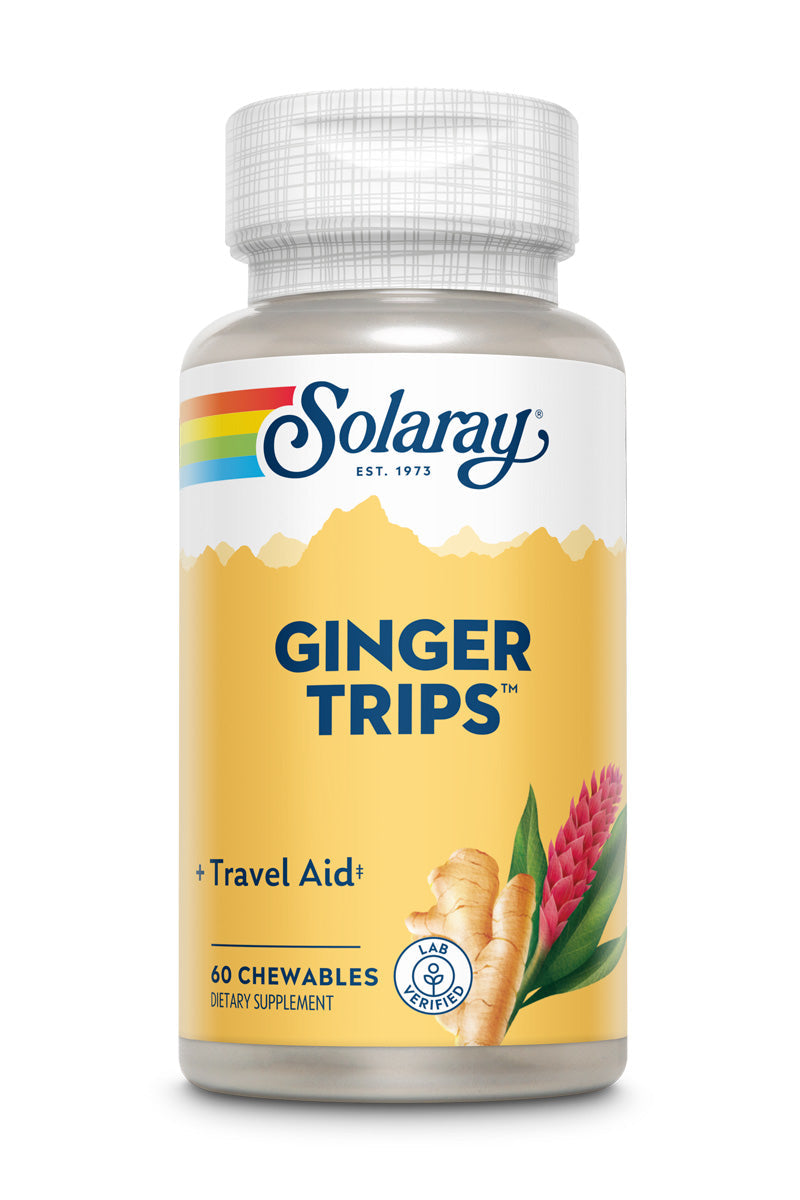 Solaray Ginger Trips Travel Aid | Root Extract | Healthy Digestive Support w/ Honey, Stevia & Molasses | 60 Chewables