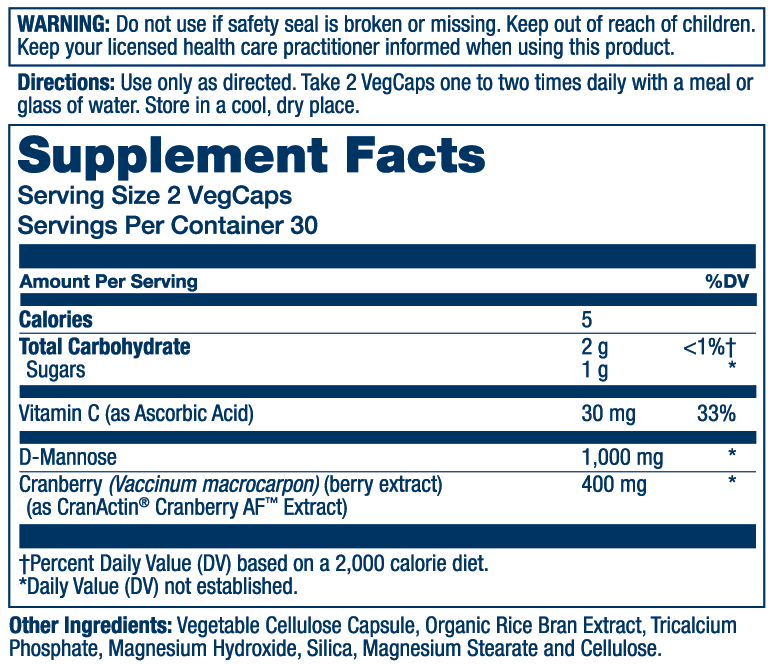 Solaray D-Mannose w/ CranActin Cranberry Extract 1000mg w/ Vit C , Healthy Urinary Tract Support  (60 CT)