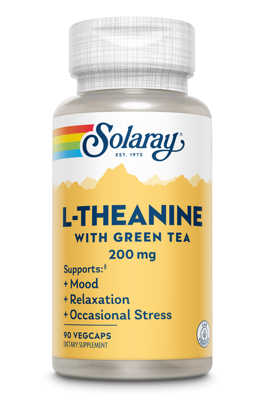 Solaray L-Theanine 200mg w/ Green Tea Leaf 100mg Relaxation, Stress, Mood & Focus Support w/out Drowsiness Lab Verified 90 VegCaps