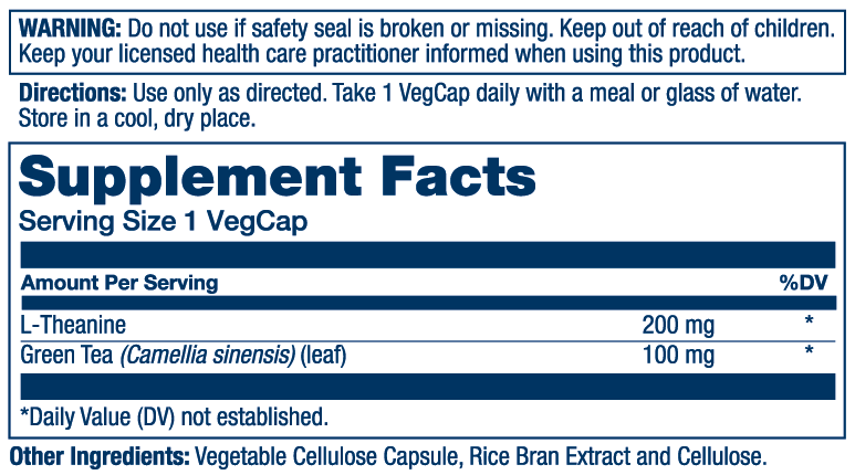 Solaray L-Theanine 200mg w/ Green Tea Leaf 100mg Relaxation, Stress, Mood & Focus Support w/out Drowsiness Lab Verified 90 VegCaps