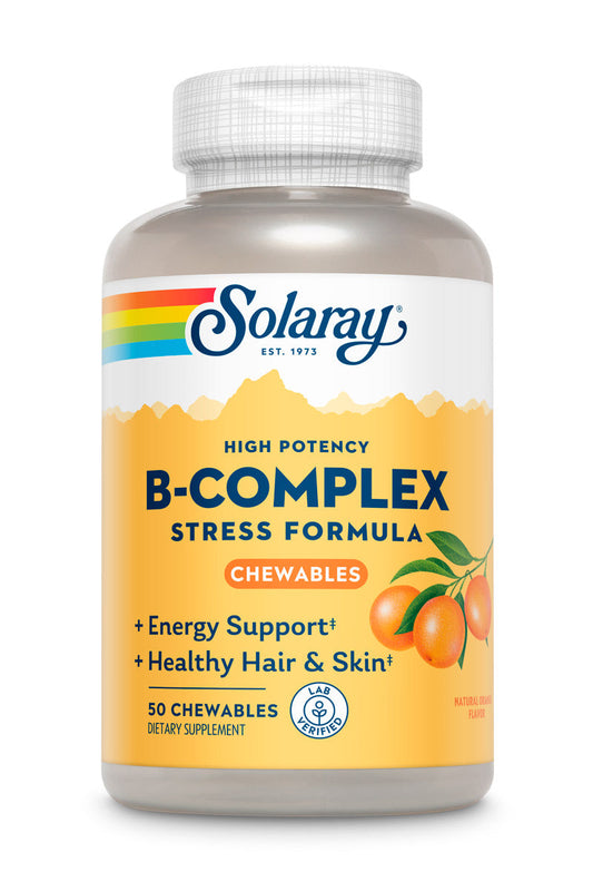 Solaray Vitamin B-Complex 250mg Natural Orange Flavor | Healthy Hair, Skin, Immune Function & Metabolism Support | Lab Verified | 50 Chewables